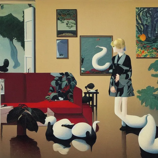 Image similar to female emo art student in her lounge room, painting of flood waters inside an artist's loungeroom, a river flooding indoors, pomegranates, pigs, ikebana, water, octopus, river, rapids, waterfall, black swans, canoe, berries, acrylic on canvas, surrealist, by magritte and monet