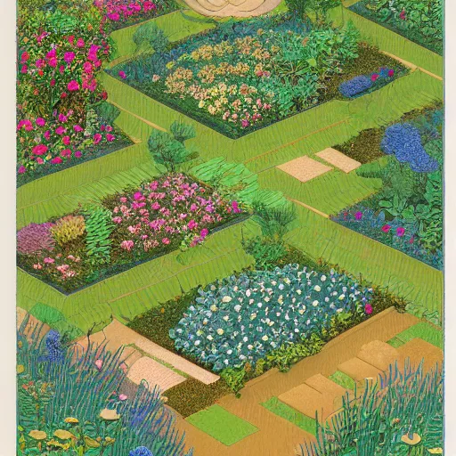Prompt: an illustration of a beautiful garden, isometric view, painted by moebius and james jean