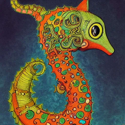 Image similar to cat seahorse shapeshifter, humanoid fursona by Louis Wain, furaffinity, trending on artstation
