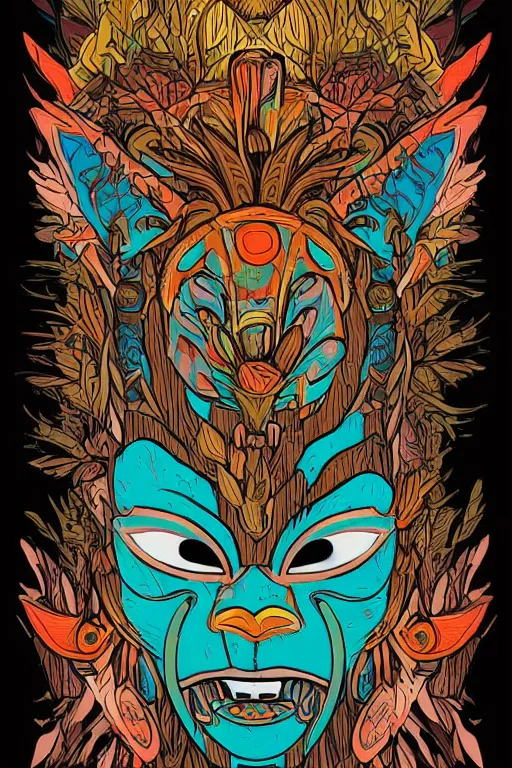 Image similar to animal mask totem roots flower tribal feather gemstone plant wood rock shaman vodoo video game vector cutout illustration vivid multicolor borderlands comics by josan gonzales and dan mumford radiating a glowing aura