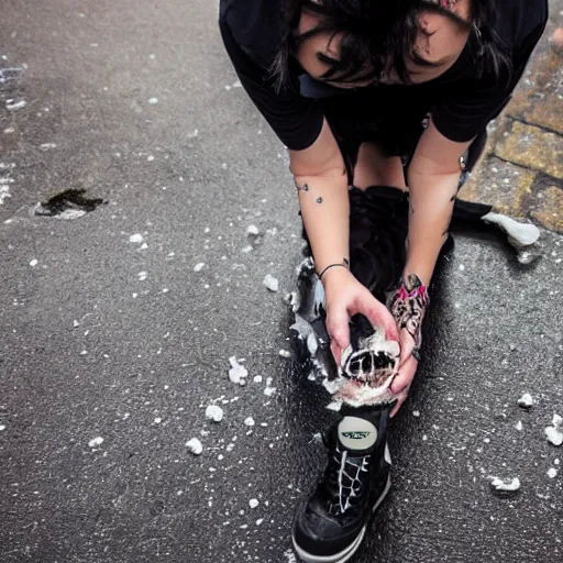 Prompt: close up photo of a fully clothed punk woman on her knees with yoghurt dripping from her face in an alley