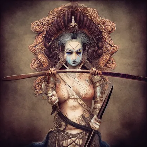 Prompt: double heads Apsaras warrior with sword ,traditional Chinese textures, hyper detailed, by Brook Shaden