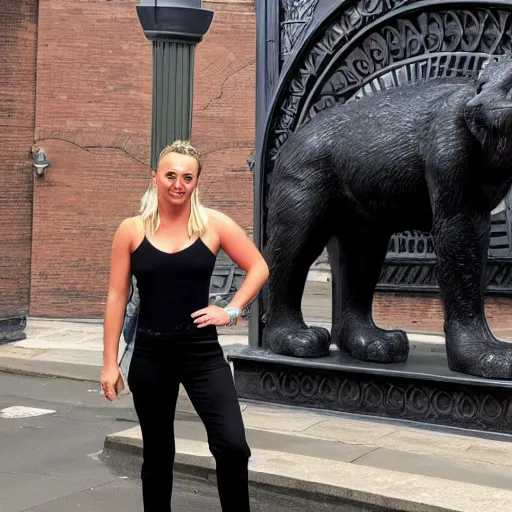 Image similar to A detailed photo of Kaley Cuoco under the Eastgate clock in Chester. Behind her we see a black panther