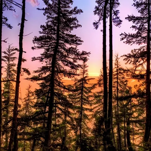 Image similar to calm peaceful wooded mountain during sunset, silhouetted trees against the sky, 8k hd, light reflection, relaxing, alone, first person