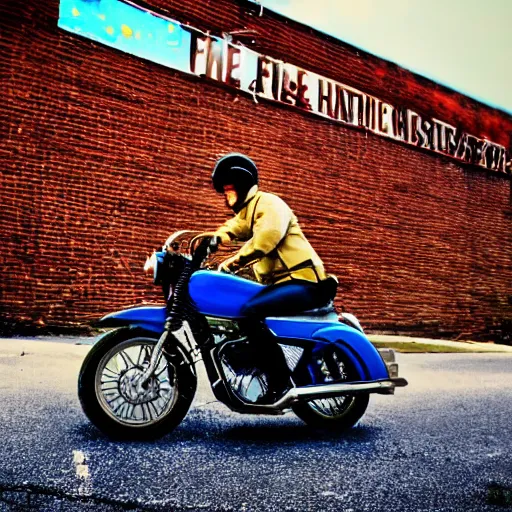 Image similar to blue heeler dog on a motorcycle, 8 k photography, blurred background of a wafflehouse