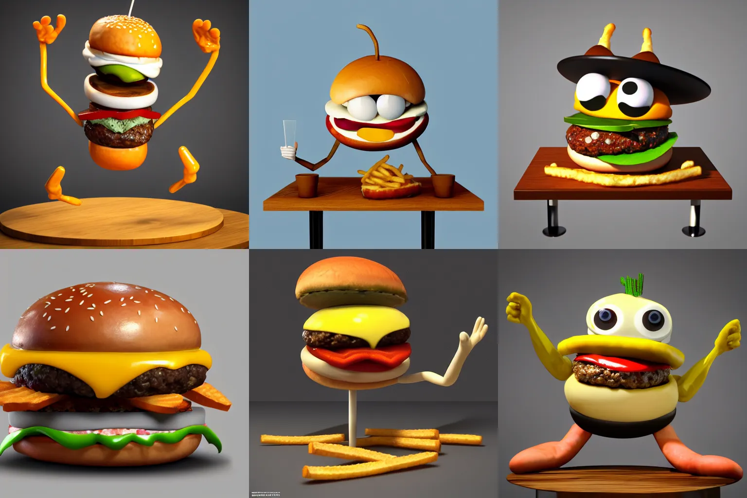 Prompt: a cheeseburger character with googly eyes and french fry arms legs sitting on wooden table, concept art painting character design, featured on artstation unreal engine 5, realistic textures, 3 point lighting