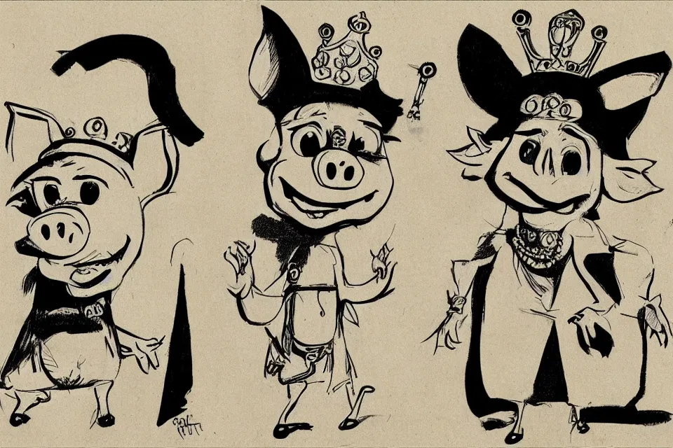 Image similar to concept sketches of a pig wearing a gold crown by jamie hewlett, in the style of 1930s cartoons