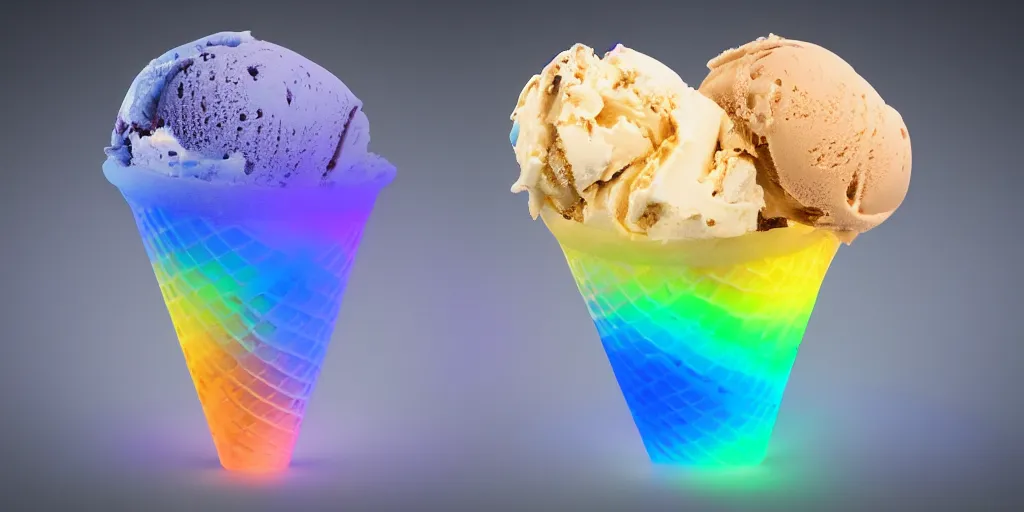 Image similar to ice cream cone with 3 scoops of ice cream and rgb lights embedded in the cone, cyberpunk, high quality, ue 5.