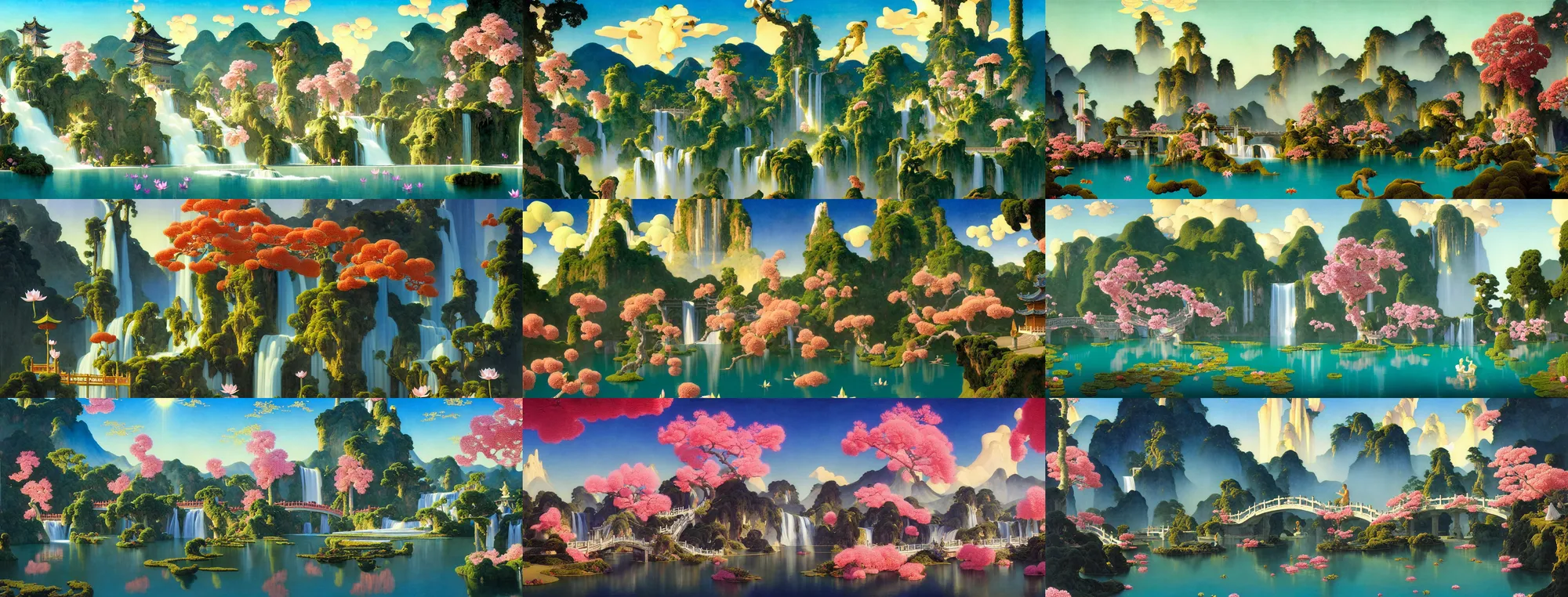 Prompt: a gorgeous painting by barlowe wayne, maxfield parrish and marco mazzoni. xanadu chinese temple on a platform that extends over a great waterfall, a huge tallest magnificent peach blossom tree glowing, bridge. azure. ultra clear detailed. 3 d, octane render. a lake full of lotus flowers, chinese cloud. 8 k.