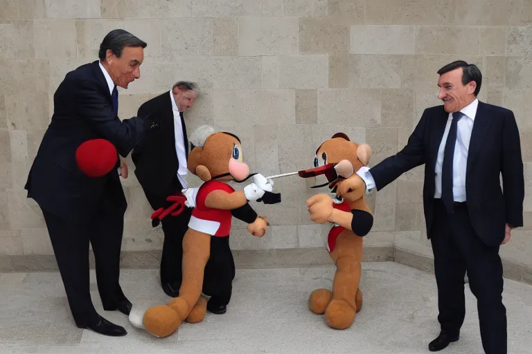 Prompt: sword fight between Mario Draghi and Masha and the Bear
