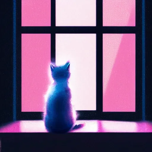 Image similar to a cute kitten sitting on a dark hotel window sill, looking out a rain-streaked window overlooking a futuristic cyberpunk cityscape, pink and blue lighting, by greg rutkowski and android jones in a surreal style, oil on canvas, ancient cyberpunk 8k resolution