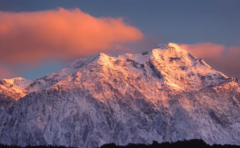 Image similar to professional photo of a snow topped mountain lit by the sunset