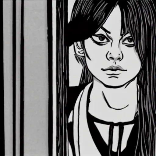 Image similar to Mila Kunis looks to her right at a door leaking black ink onto the floor by Junji Ito