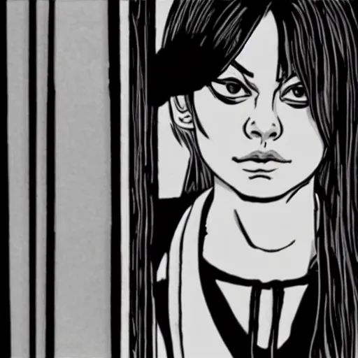 Prompt: Mila Kunis looks to her right at a door leaking black ink onto the floor by Junji Ito