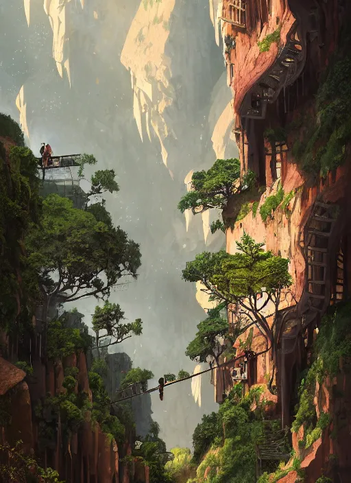 Image similar to medieval city built on terraces in a gigantic canyon, lots of buildings connected by hanging bridges, waterfalls, glow coming from amber veins in the ground, lush vegetation, pitchblack sky, extremly detailed digital painting, in the style atey ghailan and greg rutkowski, rim light, beautiful lighting, 8 k, stunning scene, raytracing, octane, trending on artstation