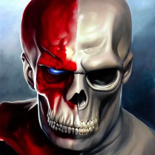 Image similar to ultra realistic portrait painting of red skull as voldemort, art by frank frazetta, 4 k, ultra realistic, highly detailed, epic lighting