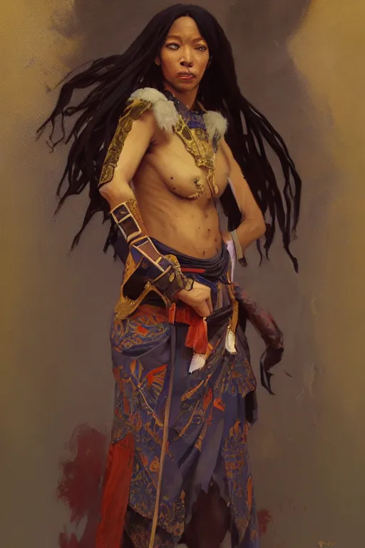 Image similar to a full body fantasy portrait oil painting illustration of an African samurai by Justin Sweet and Greg Rutkowski and Alphonse Mucha with face and body clearly visible, visible pupils, d&d, rpg, forgotten realms, artstation trending, high quality, sombre mood, artstation trending, muted colours, no crop, entire character!,