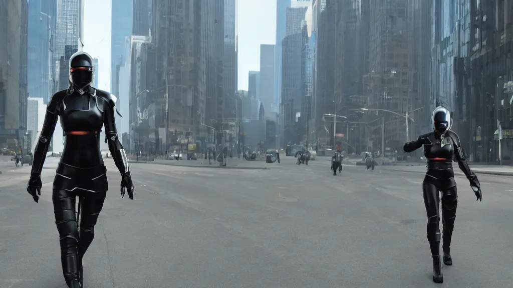 Image similar to modern sci-fi ninja woman with a mechanical sword and translucent shiny armour, walking towards oncoming traffic in downtown chicago, daytime, matte painting, unreal engine, cinematic camera, mirrors edge, inception