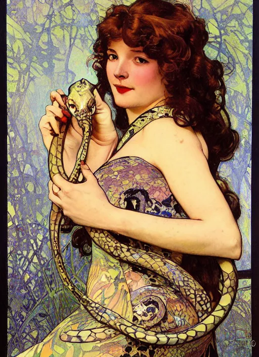 Prompt: an art nouveau copic maker portrait of a woman with a snake by john berkey by stanley artgerm lau, alphonse mucha, loish, norman rockwell