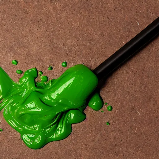 Image similar to short wooden cane with blobs of green slime on it, photograph