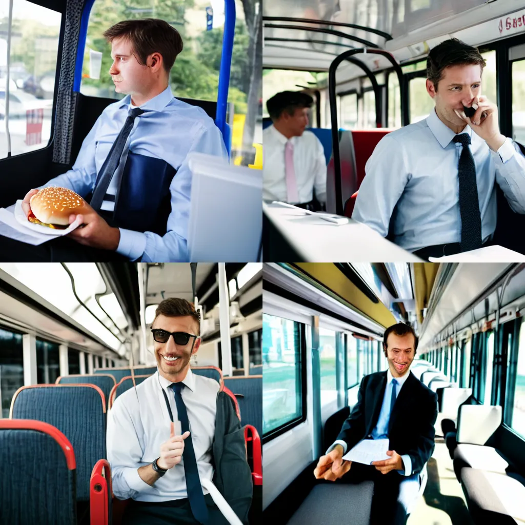 Prompt: a white collar hamburger office worker riding the bus to work