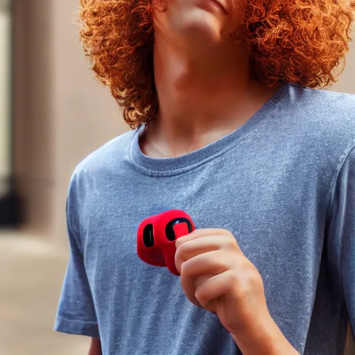 Image similar to red teenager with curly blonde hair red t shirt airpods attractive, high - quality photo realistic highly detailed high - quality 8 k