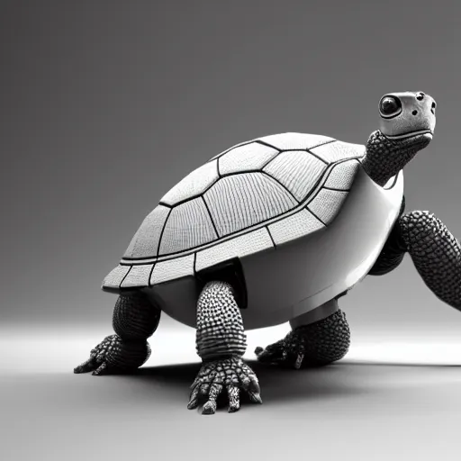 Image similar to A robot turtle, 3d render, unreal engine, 8k render, uncropped, from a slight distance, 30mm lens, full-view, complete body