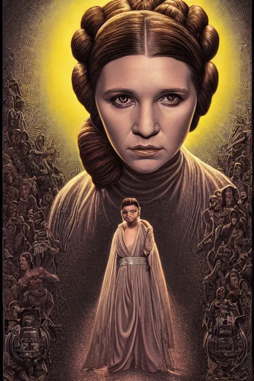 Image similar to highly detailed portrait of young princess leia organa by alex grey, patrick woodroffe, mark ryden created by gustave dore and greg rutkowski, high detailed, smooth draw, synthwave neon retro, intricate, realistic proportions, dramatic lighting, trending on artstation