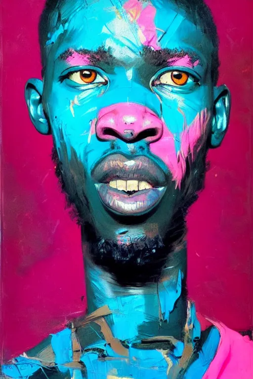 Prompt: portrait of a stylized african young angry boy painted in acrylic, pigment, in the colors hot pink and cyan, beautiful realistic face, rule of thirds, spotlight, by greg rutkowski, by jeremy mann, by francoise nielly, by van gogh, by ross tran, in focus