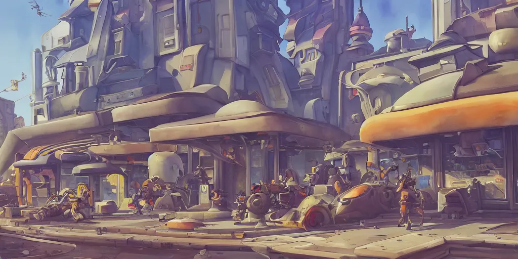 Image similar to overwatch building, stylized, exterior, architecture, in watercolor gouache detailed paintings, insanely detail, artstation, 8 k, futuristic, big medium small, arcane, simon stalenhag, food stall, interesting shapes & form, golden ratio, megastructures, vitaly bulgarov, slums, junkyard