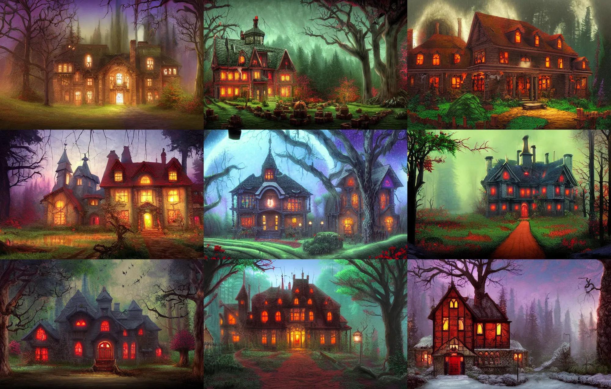 Prompt: an abandoned spooky 4 story manor with a red roof in the middle of a dark forest, from a fantasy point and click 2 d graphic adventure game, art inspired by thomas kinkade, king's quest, sierra entertainment games, landscape painting
