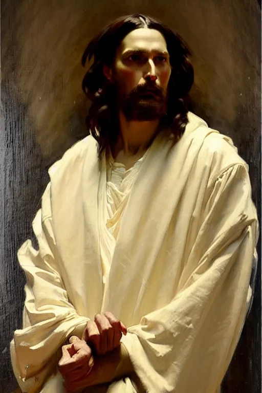 Image similar to leyendecker and solomon joseph solomon and richard schmid and jeremy lipking victorian loose genre loose painting full length portrait painting of jesus