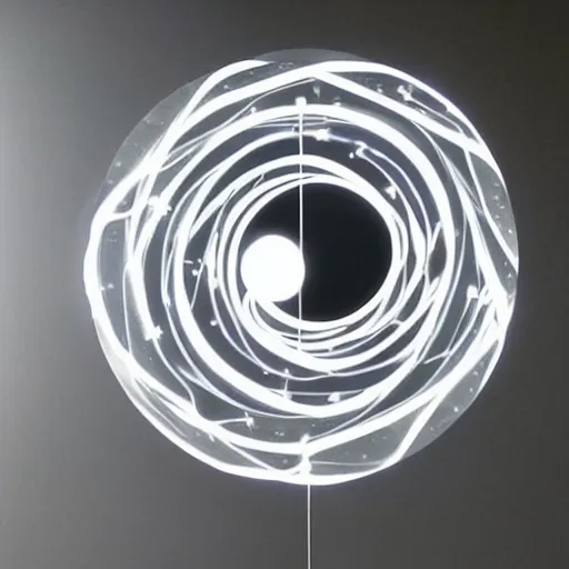 Prompt: rigorous fresco by genndy tartakovsky. a beautiful kinetic sculpture of a black hole. this hole appears to be a portal to another dimension or reality, & it is emitting a bright, white light. there are also stars & other celestial objects around it.