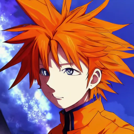 Prompt: orange - haired anime boy, 1 7 - year - old anime boy with wild spiky hair, wearing blue jacket, battle aura, aura, shibuya, blue sunshine, strong lighting, strong shadows, vivid hues, raytracing, sharp details, subsurface scattering, intricate details, hd anime, high - budget anime movie, 2 0 2 1 anime