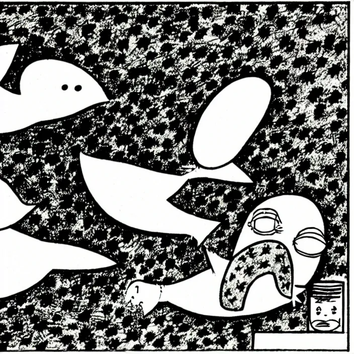 Image similar to a still frame from comic strip, sleeping bird, 1 9 5 0, herluf bidstrup, new yorker illustration, monochrome bw, lineart, manga, tadanori yokoo, simplified,