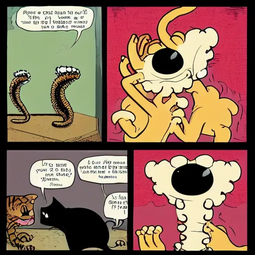 Image similar to jon arbuckle as a lovecraftian monster petting garfield the cat