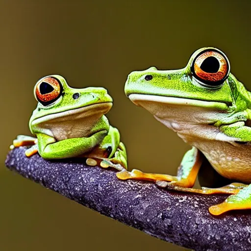 Prompt: two frogs sitting next to each other, national geographic photo