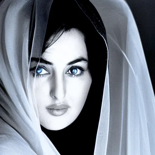 Image similar to young arab Monica Bellucci, blue eyes, white veil, DSLR, closeup, focus