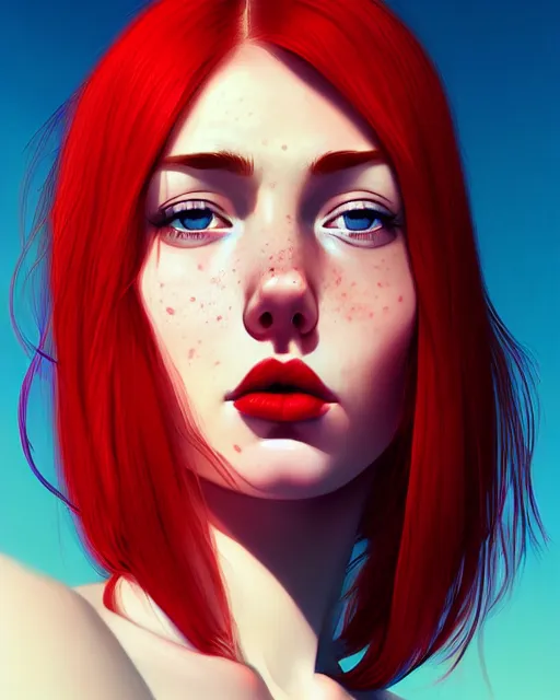 Image similar to a detailed portrait of an attractive!! woman with red hair and freckles by ilya kuvshinov, digital art, dramatic lighting, dramatic angle