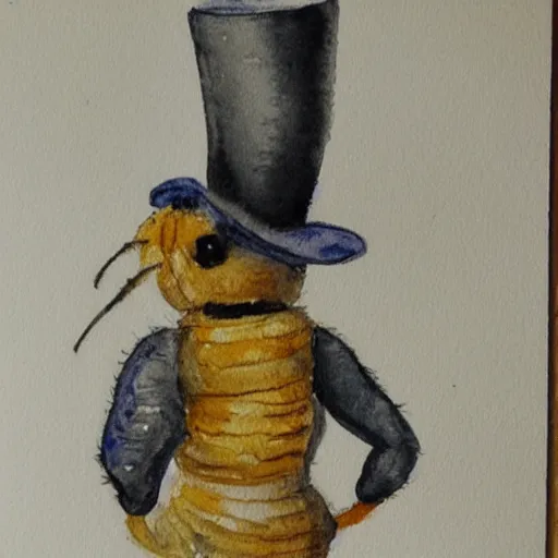 Prompt: a watercolor of a honeybee wearing a top hat