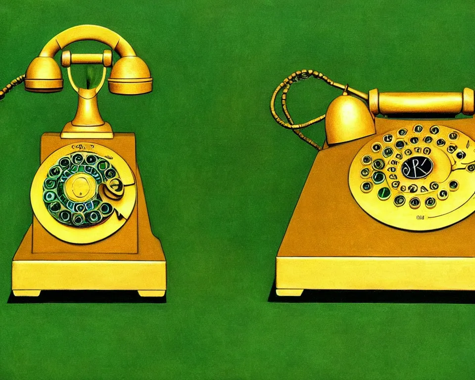 Image similar to an achingly beautiful print a golden rotary phone on a forest green background by Raphael, Hopper, and Rene Magritte. detailed, romantic, enchanting, trending on artstation.