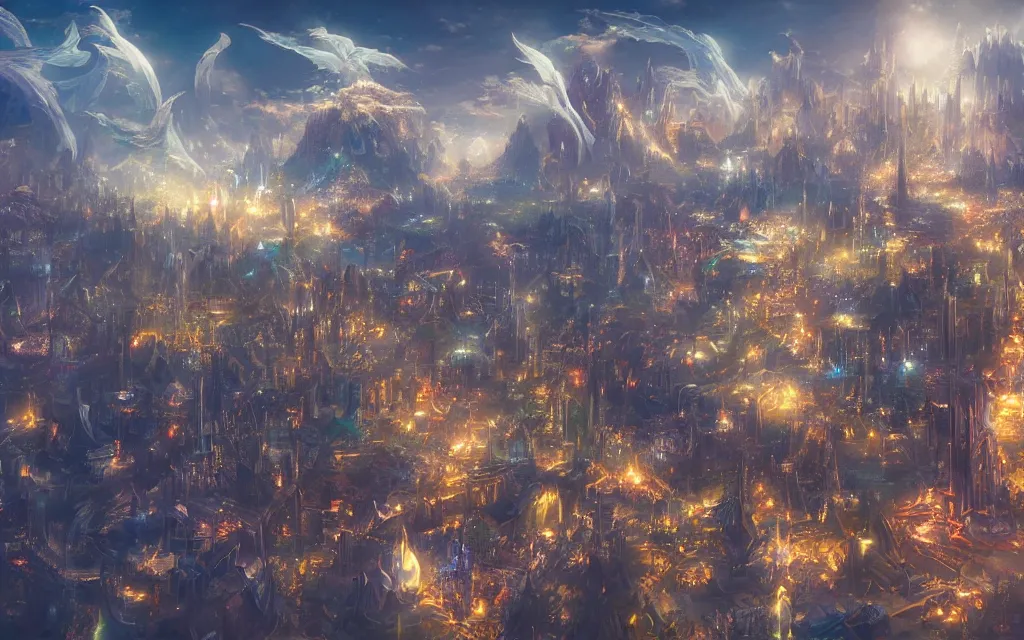 Image similar to fantastical silver city of angels, heavenly fantasy city, artstation celestial radiance