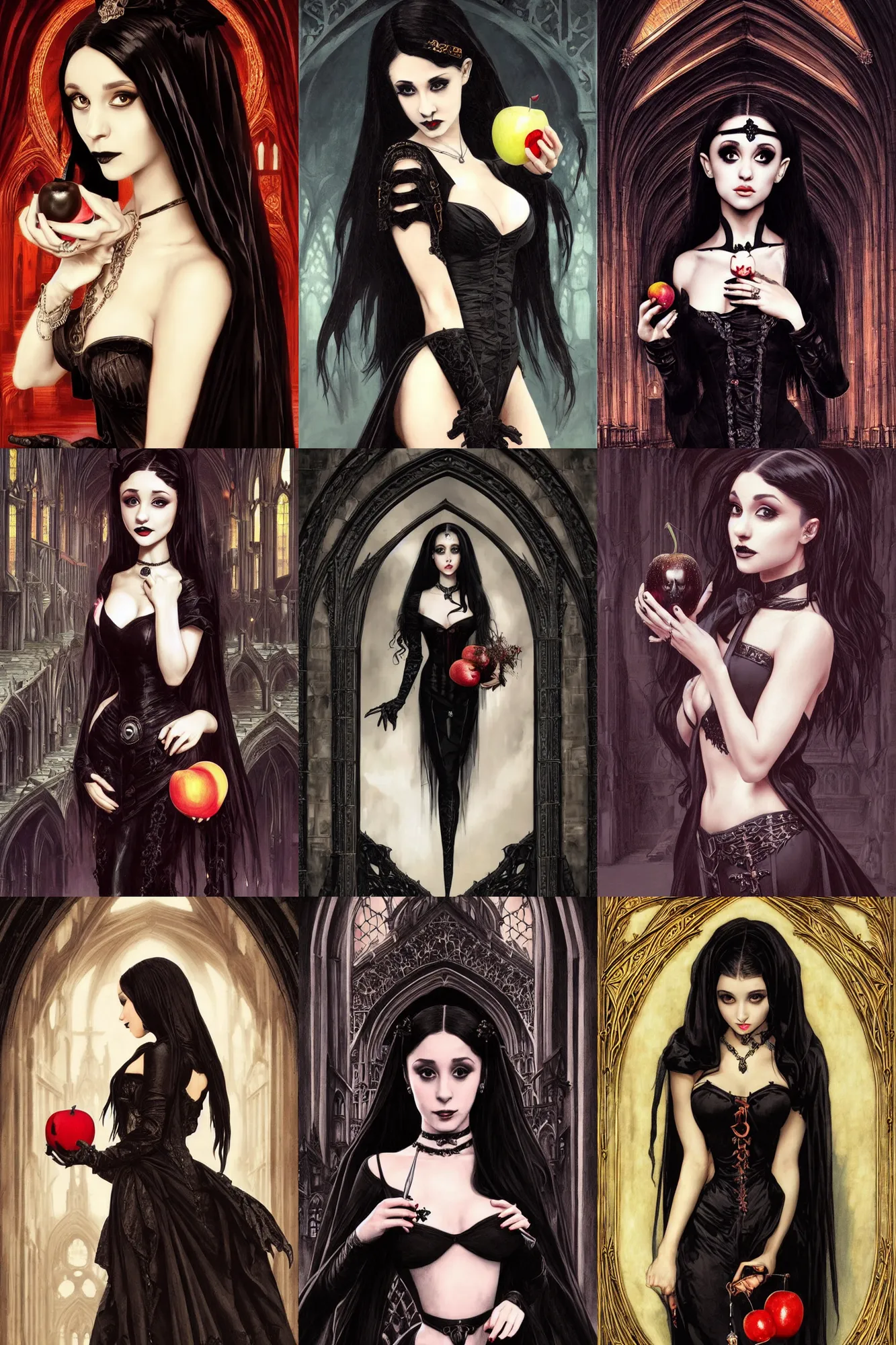 Prompt: beautiful gothic Ariana Grande as a Vampire from Dracula holding a Poison Apple, Black Hair, gothic Cathedral, ornate architecture, black dress, intricate, elegant, highly detailed, digital painting, artstation, concept art, smooth, sharp, focus, illustration, art by artgerm and greg rutkowski and alphonse mucha