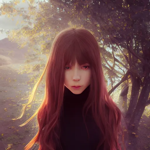 Image similar to girl with long hair, instagram photo, kodak, portra, by wlop, ilya kuvshinov, krenz, cushart, pixiv, zbrush sculpt, octane render, houdini, vfx, cinematic atmosphere, 8 k, unreal engine 5, ultra detailed, ultra realistic