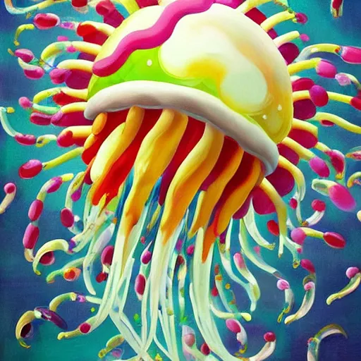 Image similar to Giant ice cream jellyfish, jellybeans, flowers, and mushrooms fly through the air, as a tornado approaches, by Takashi Murakami, Edward Hopper, Bo Bartlett, and Cynthia Sheppard, Artstation