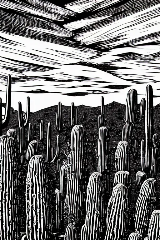 Prompt: art by brian reedy, a beautiful black ink linocut print of a field of saguaro, 8 k, frostbite 3 engine, cryengine, dof, trending on artstation, digital art, crepuscular ray