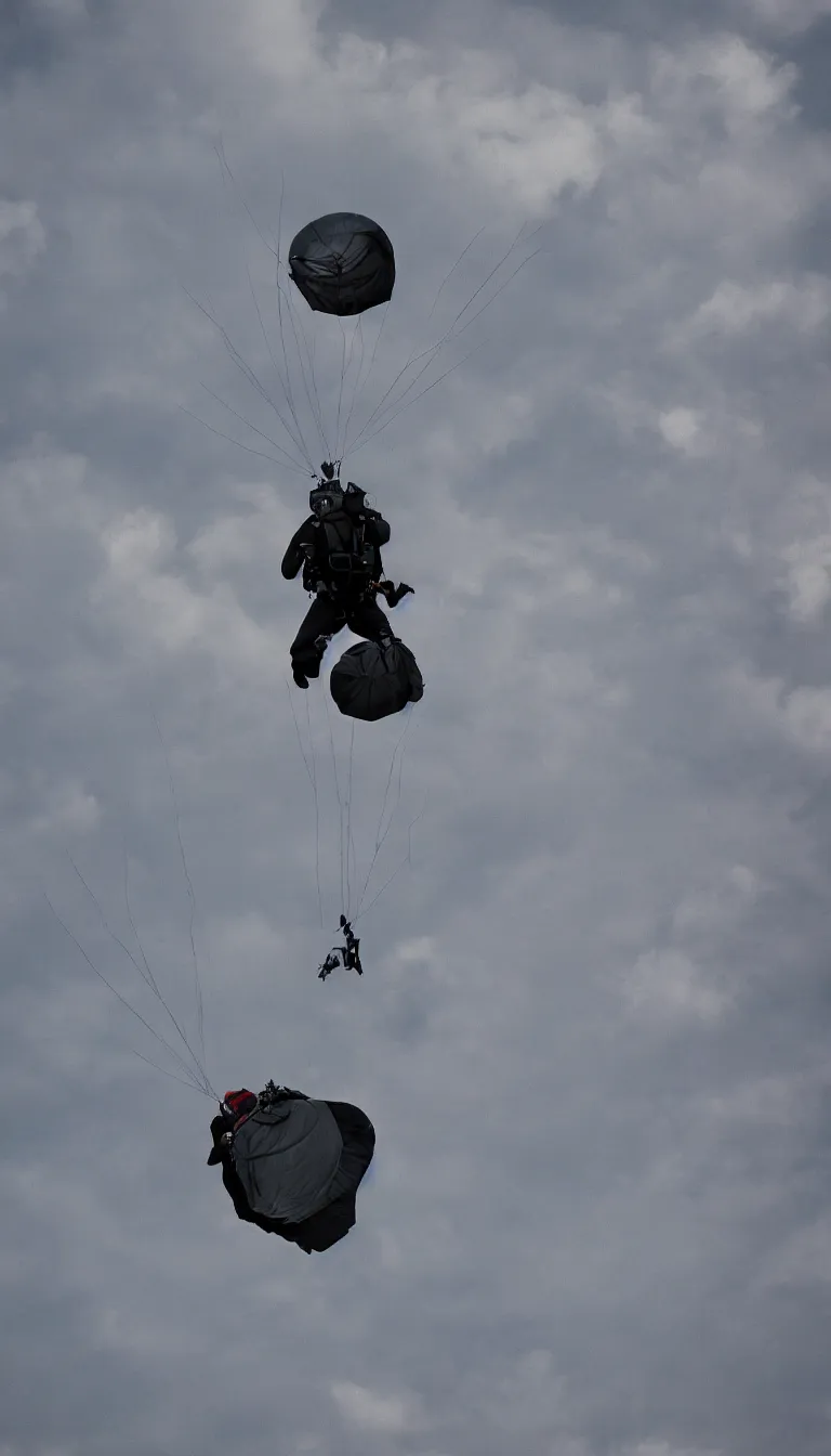 Prompt: high definition famous art of a single man going into dark space by parachute, view of 24 mm lens, highly detailed