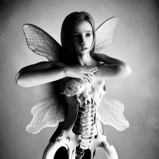 Image similar to bone fairy portrait, studio lighting, portrait photography, black - and - white photography, hyper realism, fantasy, 4 k,