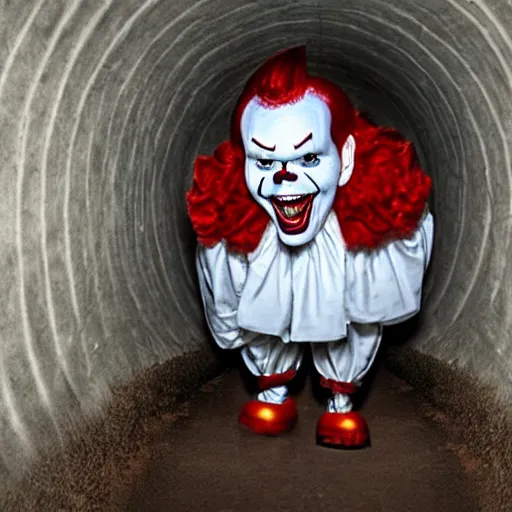 Image similar to stephen king as pennywise the clown, professional photography, in sewer tunnel, buck teeth, meek smile