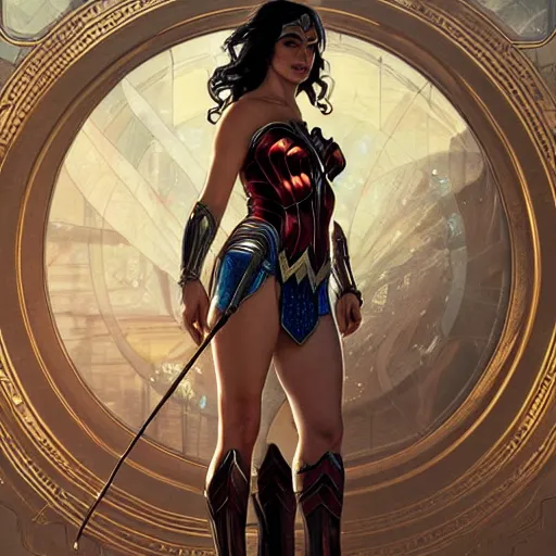 Image similar to full figure ultra realistic illustration, solarpunk wonder woman, intricate, elegant, highly detailed, digital painting, artstation, concept art, smooth, sharp focus, illustration, art by artgerm and greg rutkowski and alphonse mucha